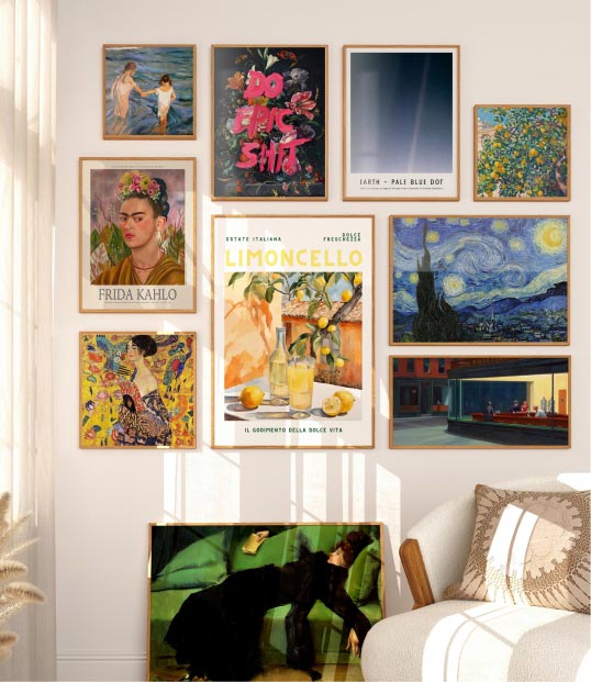 A stylish gallery wall featuring classic art and modern designs, harmoniously arranged in a bright and cosy room.